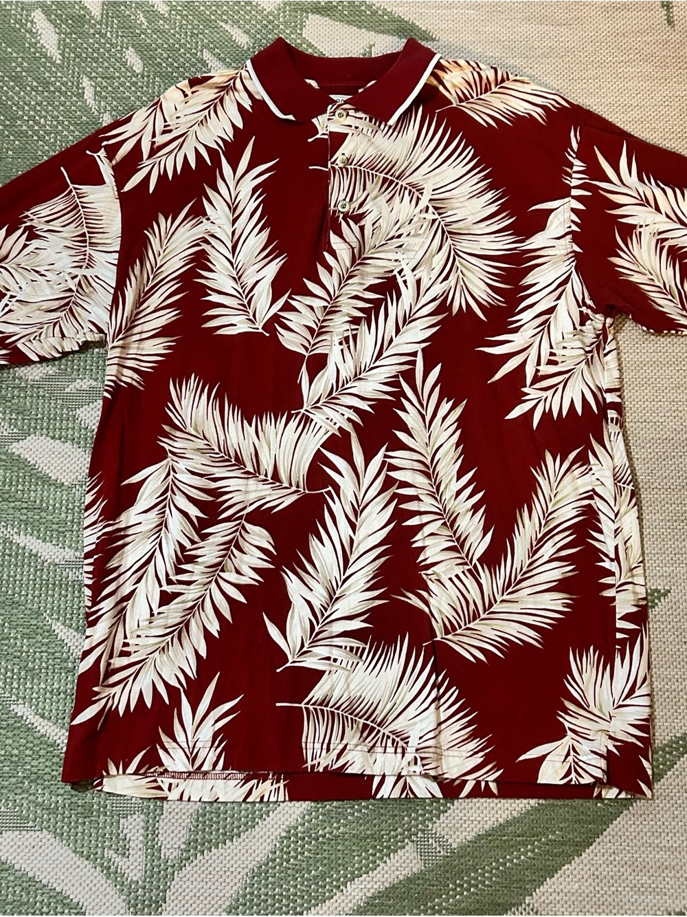 Bamboo Cay Men's Burgundy with Cream Palm Leaf Polo Shirt   size L